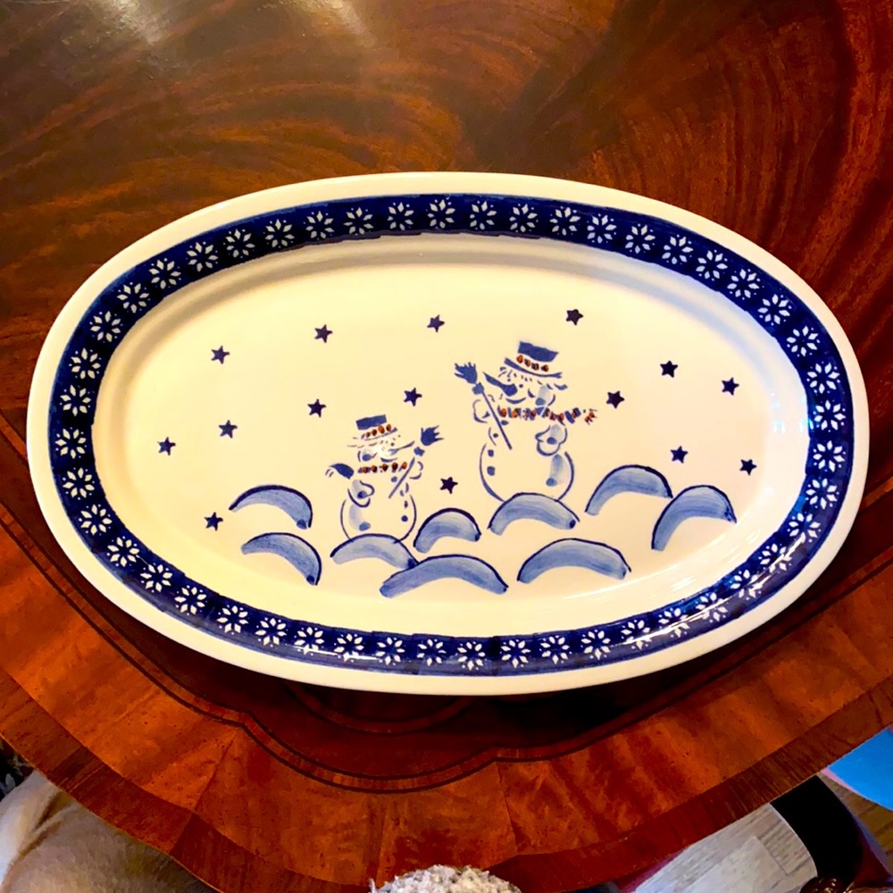 BOLESLAWIEC POLISH POTTERY CHRISTMAS SERVING PLATTER PLATE "SNOWMAN" NEW